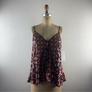 Eyeshadow l L Contrast Geometric Floral Embroidered Trim Ruffle Hem V-neck Tank